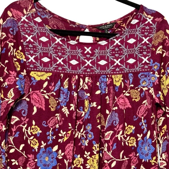 Lucky Brand Embroidered Floral Burgundy Long Sleeve Bohemian Lightweight Blouse - Picture 2 of 10